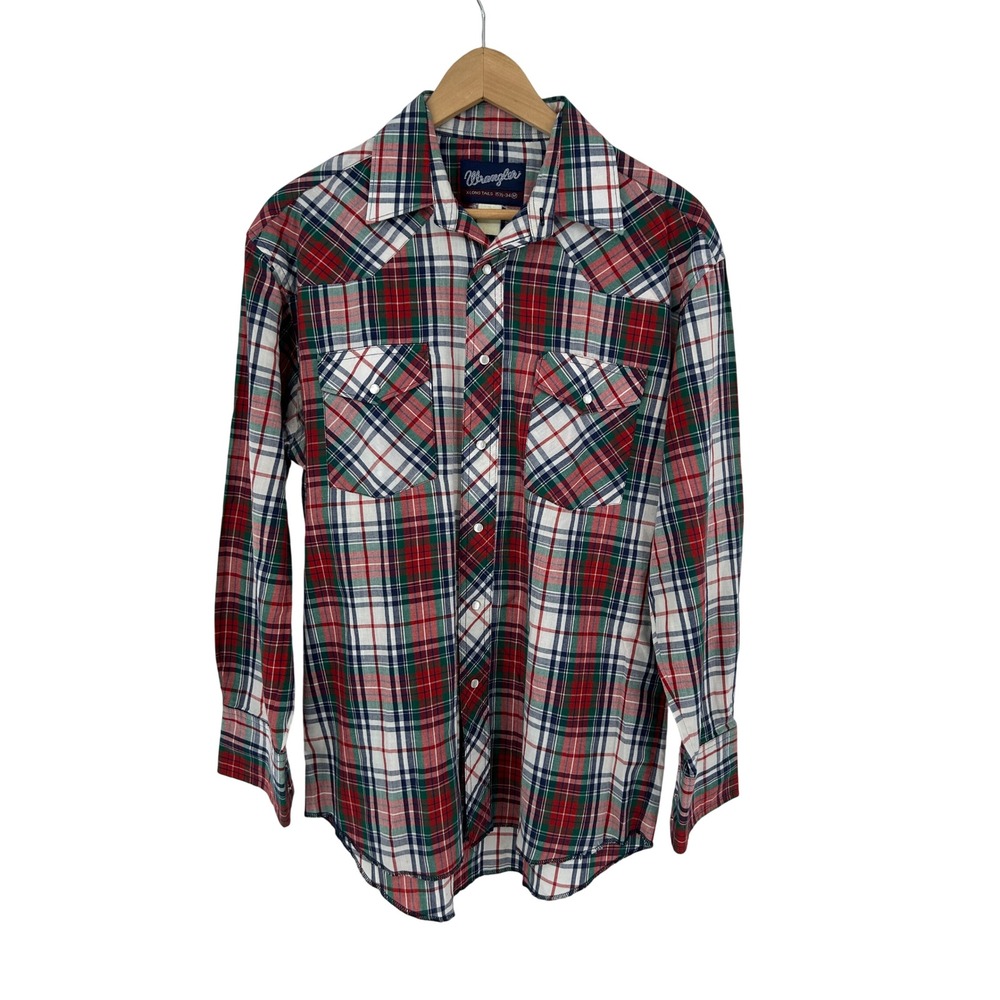 Wrangler Western Shirt Mens M Red Plaid Pearl Snap X-Long Tails